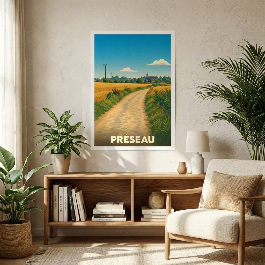 Affiche souvenir de la ville de Préseau illustrant un chemin pavé à travers les champs dans un style vintage.