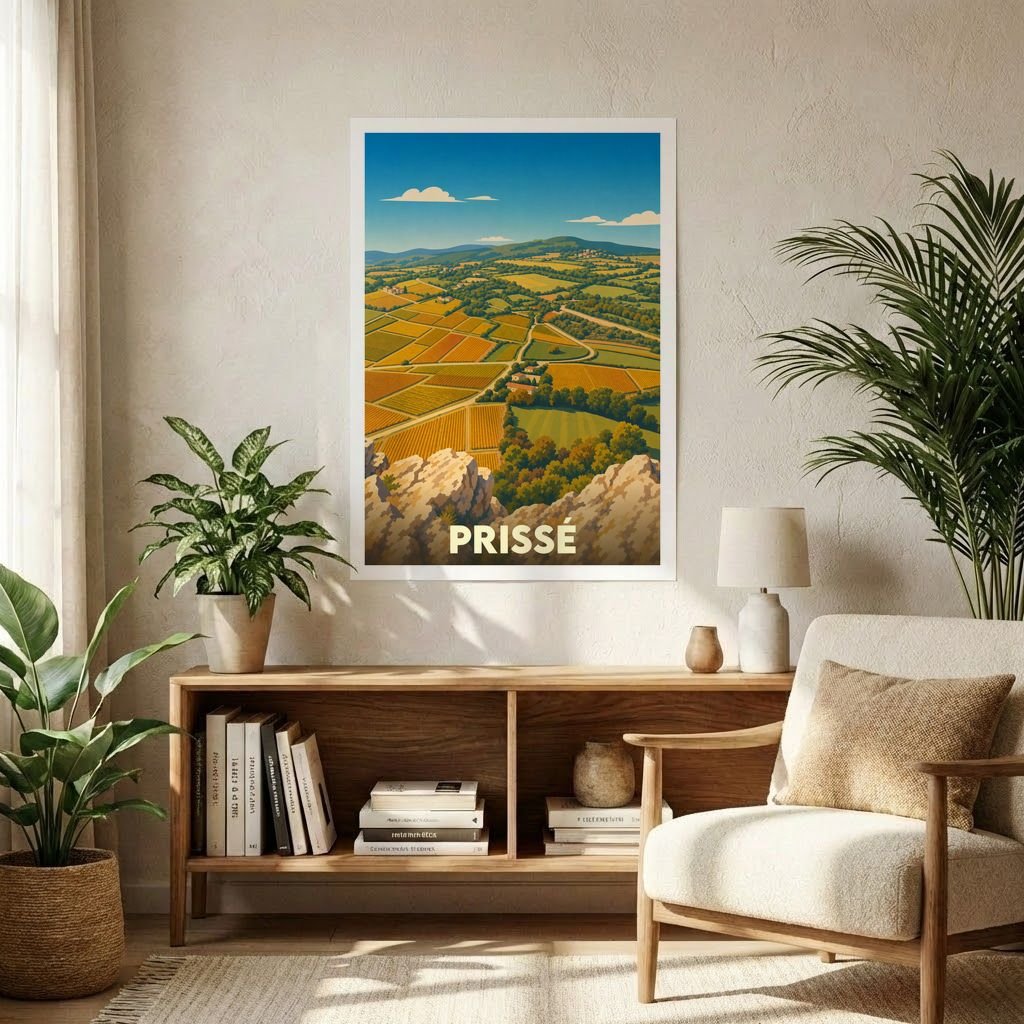 Affiche souvenir de la ville de Prissé représentant un paysage de vignobles dans un style graphique vintage.