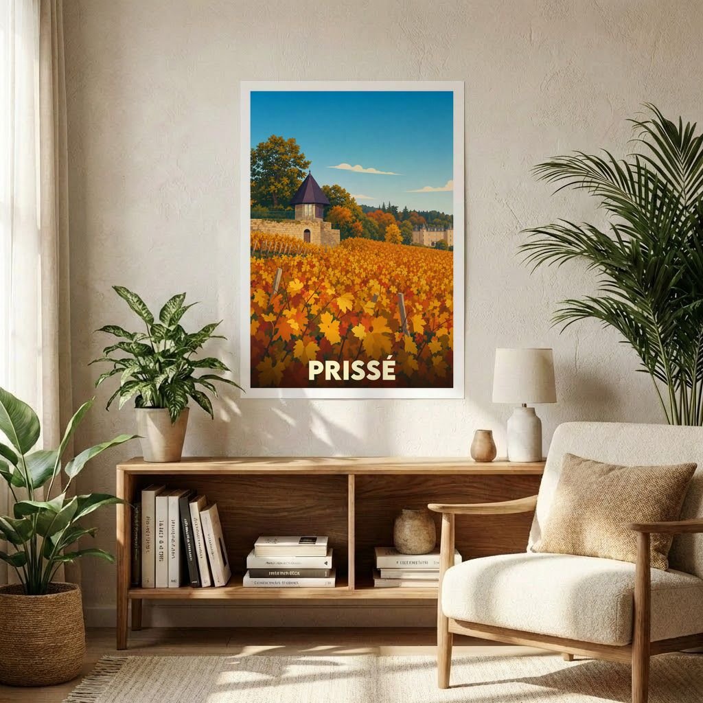 Affiche souvenir de la ville de Prissé avec une illustration stylisée de ses vignobles en automne.