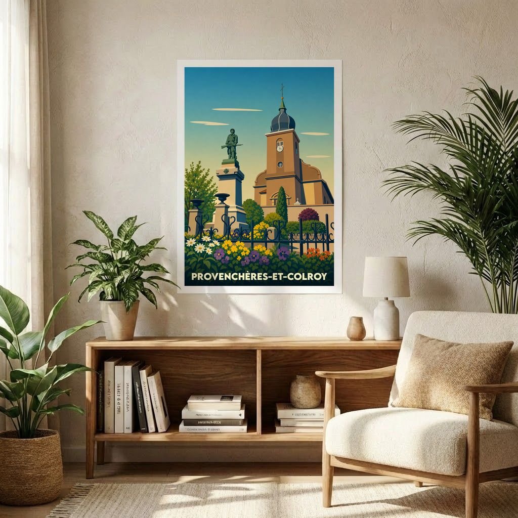 Affiche souvenir de la ville de Provenchères-et-Colroy avec une illustration stylisée.