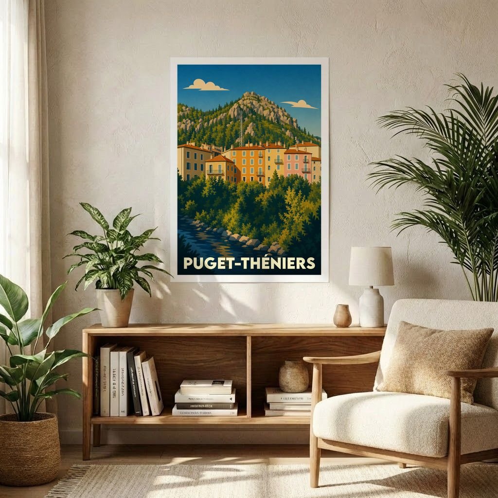 Affiche souvenir de la ville de Puget-Théniers avec une illustration stylisée et colorée.