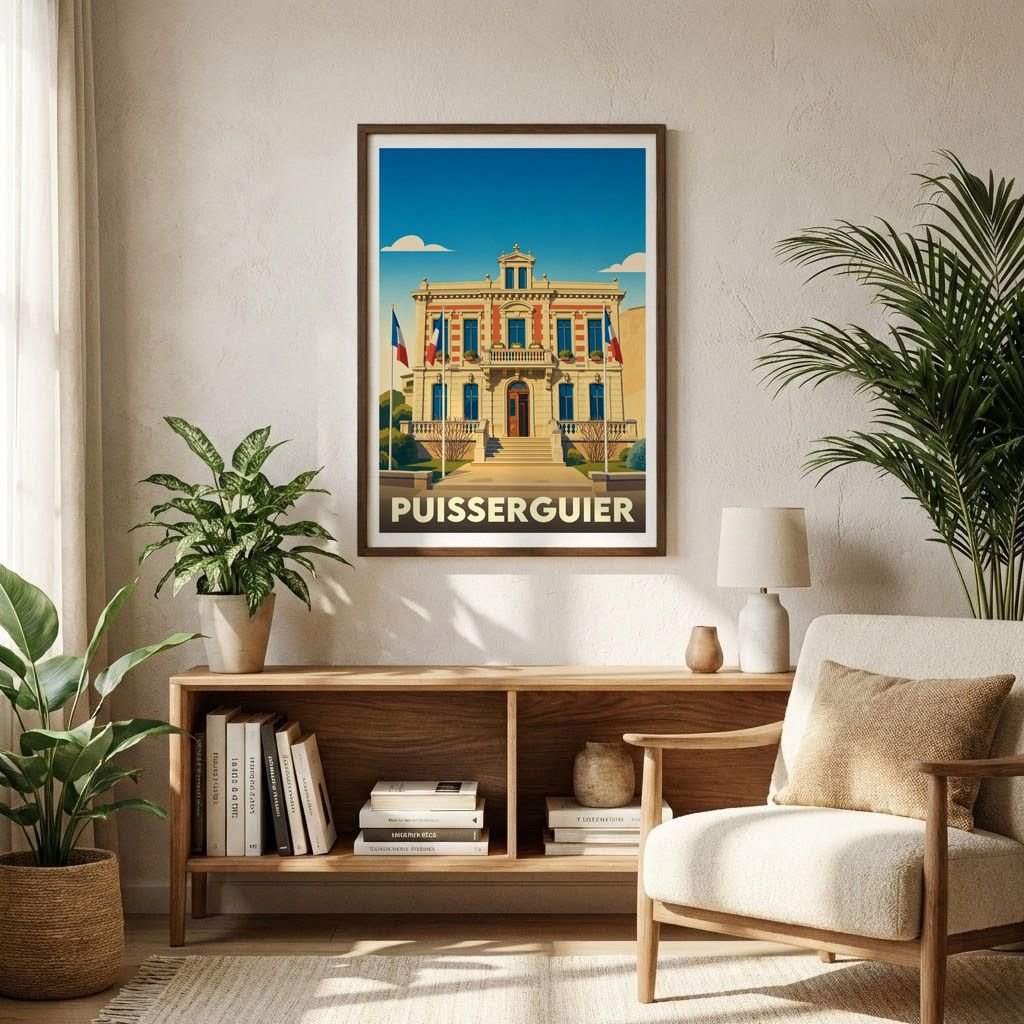 Affiche souvenir de la ville de Puisserguier présentant une illustration stylisée de sa mairie dans un cadre en bois.