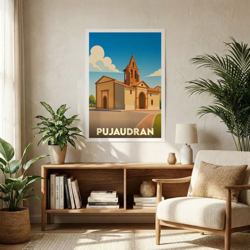 Affiche souvenir de la ville de Pujaudran avec une illustration stylisée de son église sous un ciel bleu.