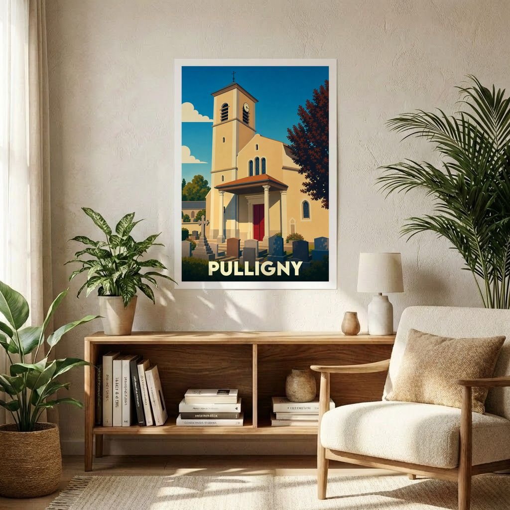 Affiche souvenir de la ville de Pulligny avec une illustration stylisée d'une église et son cimetière.