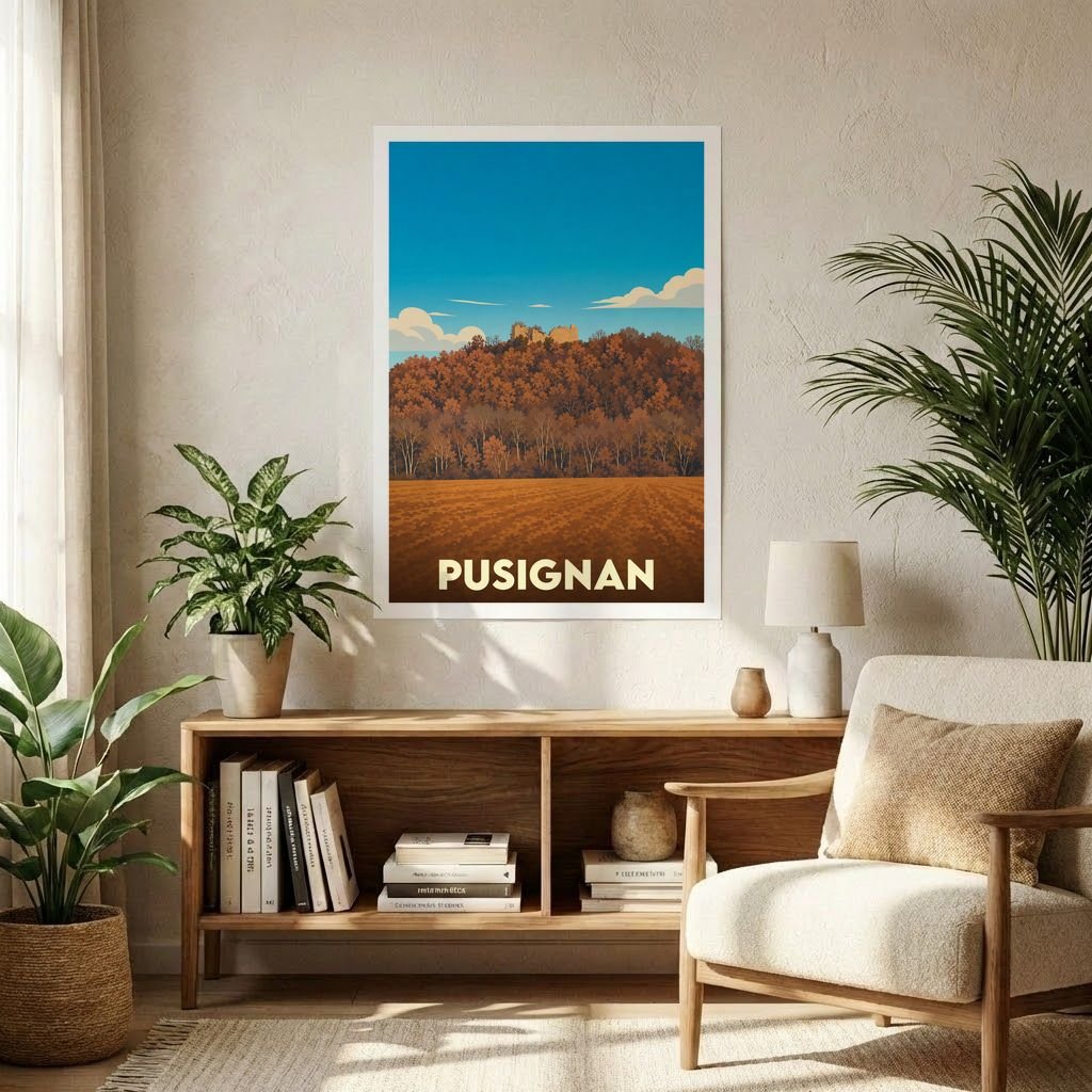 Affiche souvenir de la ville de Pusignan présentant une illustration stylisée d'un paysage automnal surmonté de ruines.