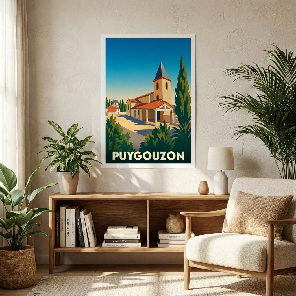 Affiche souvenir de la ville de Puygouzon avec une illustration stylisée de son église et de son paysage.