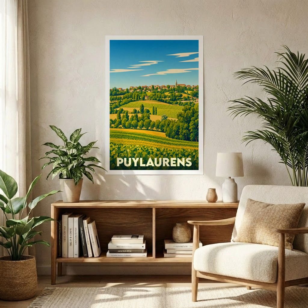Affiche souvenir de la ville de Puylaurens illustrant ses paysages vallonnés dans un style rétro et coloré.