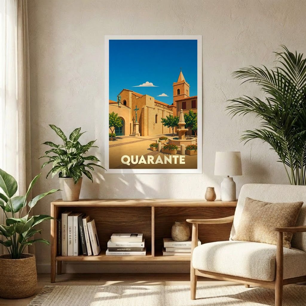 Affiche souvenir de la ville de Quarante avec une illustration stylisée d'une place ensoleillée et de son église.