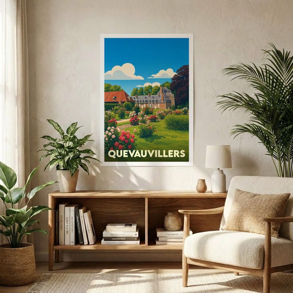 Affiche souvenir de la ville de Quevauvillers représentant un château et ses jardins fleuris dans un style vintage.