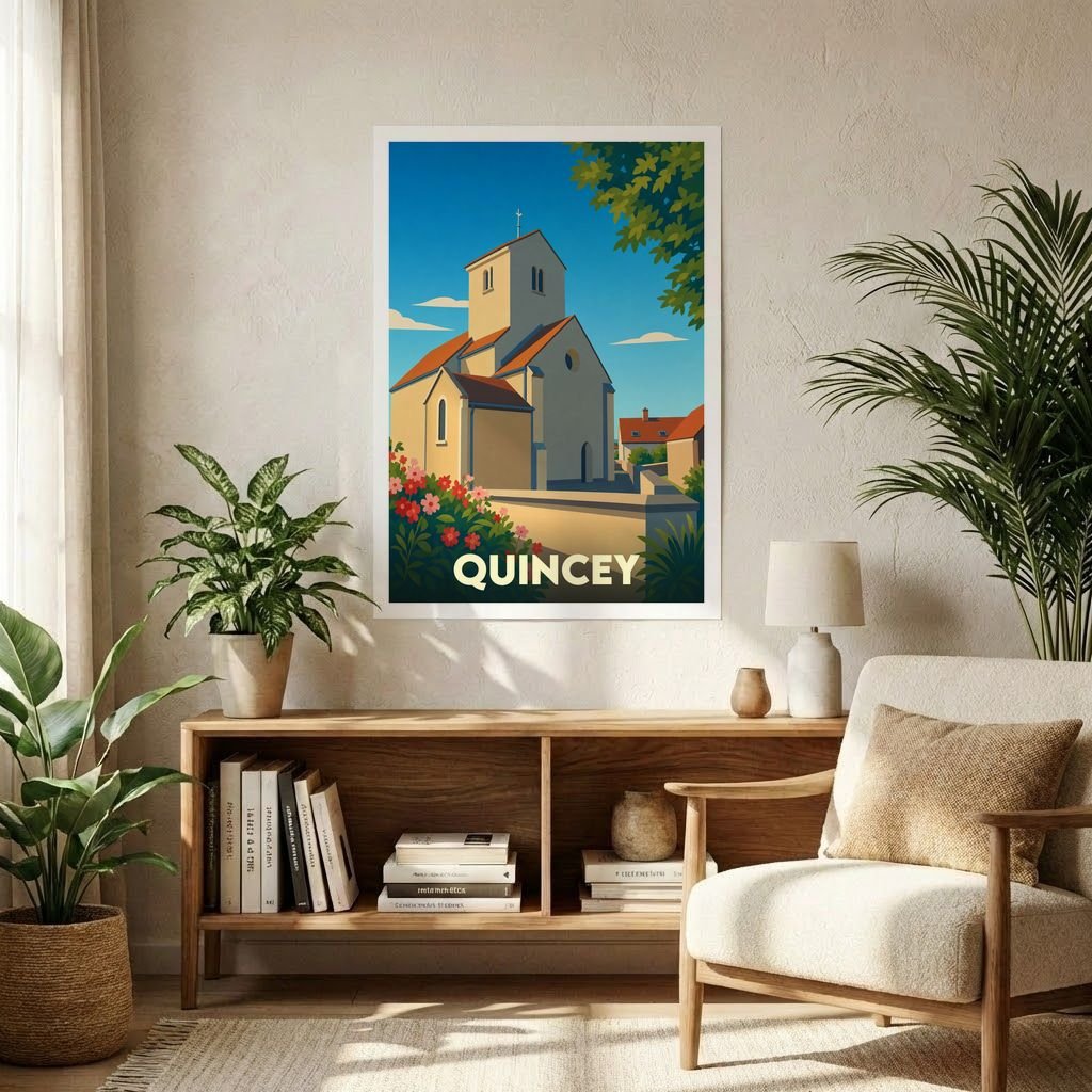 Affiche souvenir de la ville de Quincey avec une illustration stylisée de son église.