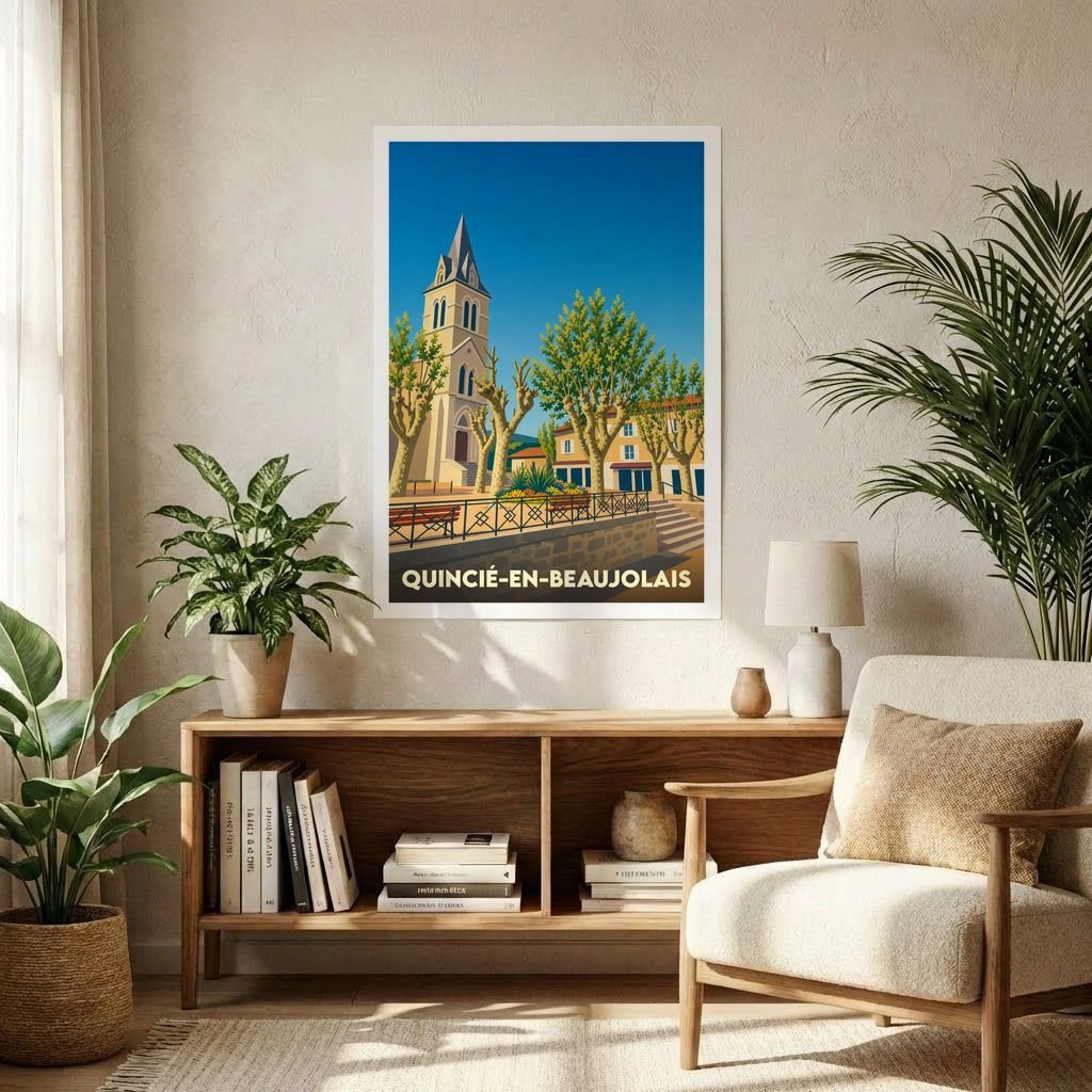 Affiche souvenir de la ville de Quincié-en-Beaujolais avec une illustration stylisée de son église et de ses paysages.