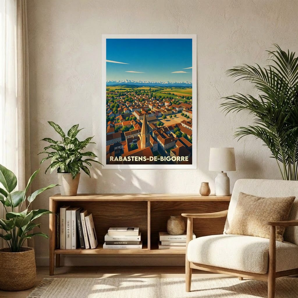 Affiche souvenir de la ville de Rabastens-de-Bigorre avec une illustration panoramique stylisée.