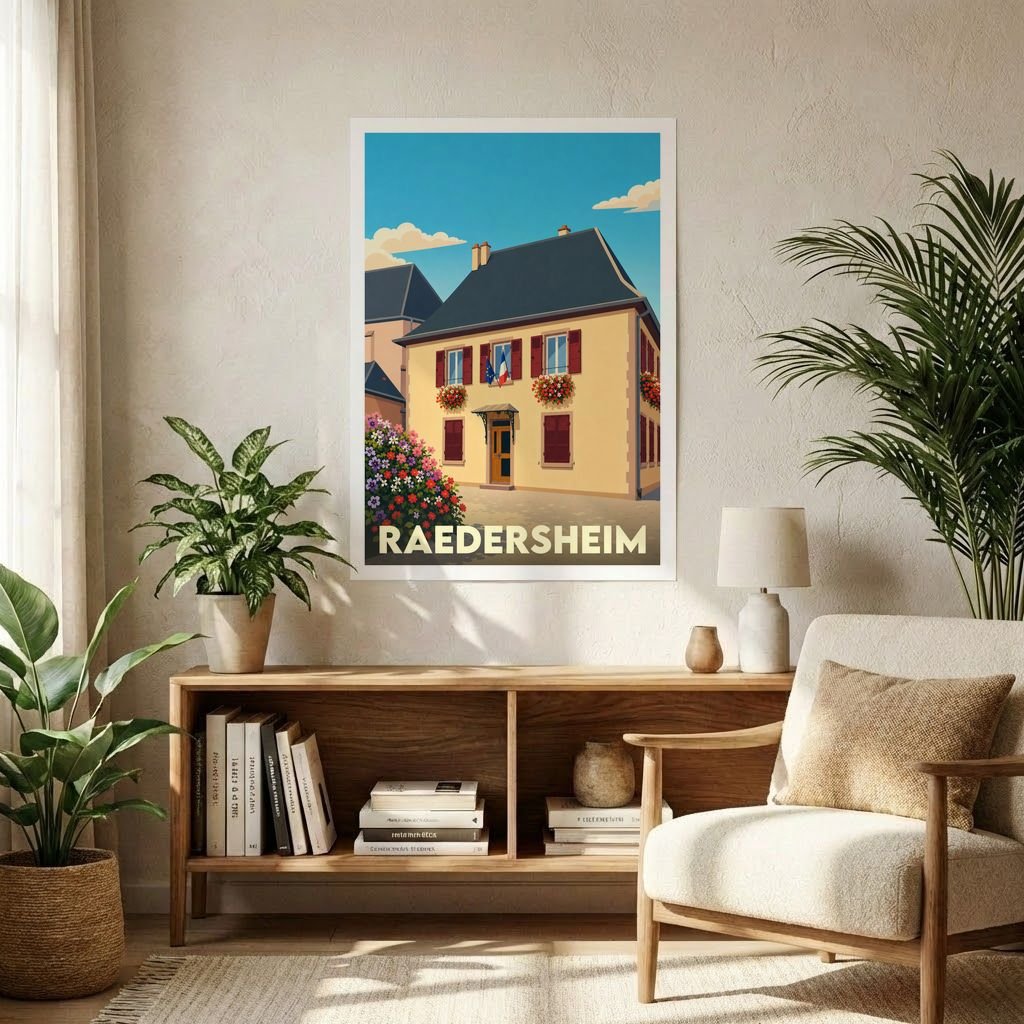 Affiche souvenir de la ville de Raedersheim représentant une maison alsacienne typique dans un style graphique épuré.