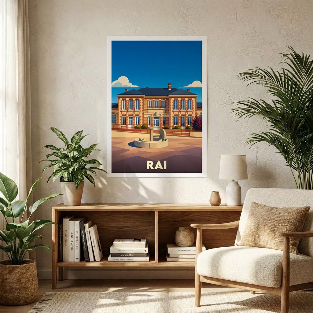 Affiche souvenir de la ville de Rai présentant une illustration stylisée de son architecture emblématique.