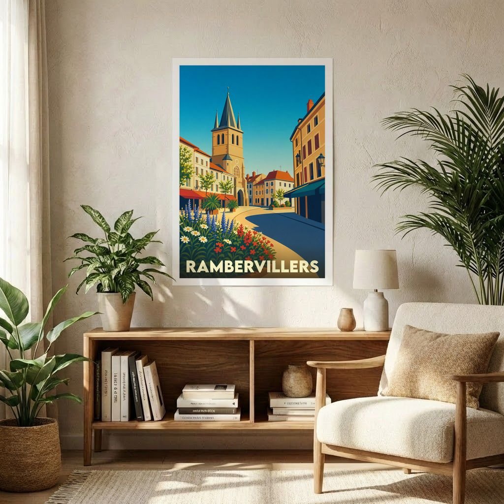Affiche souvenir de la ville de Rambervillers avec une illustration colorée et stylisée de son centre historique.