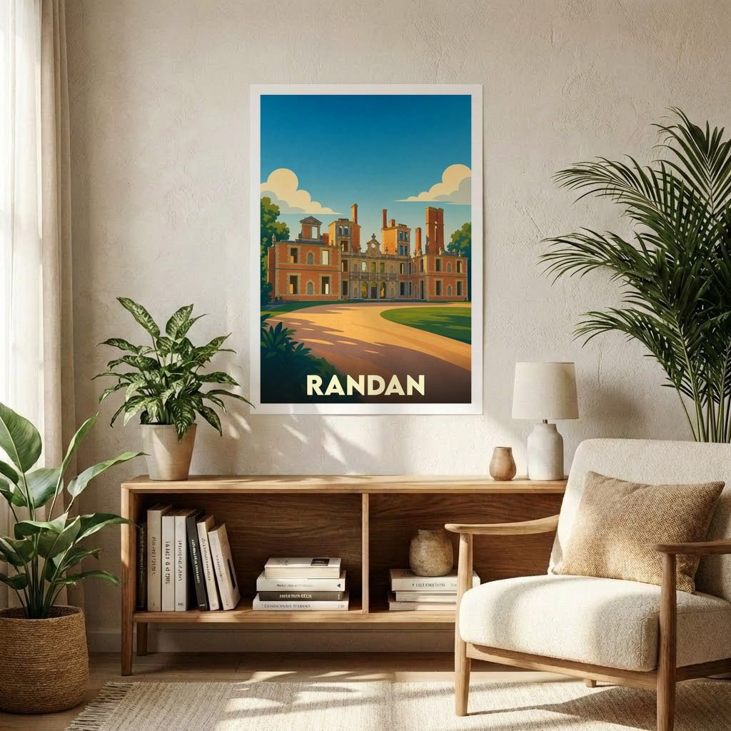 Affiche souvenir de la ville de Randan avec une illustration stylisée d'un domaine historique.