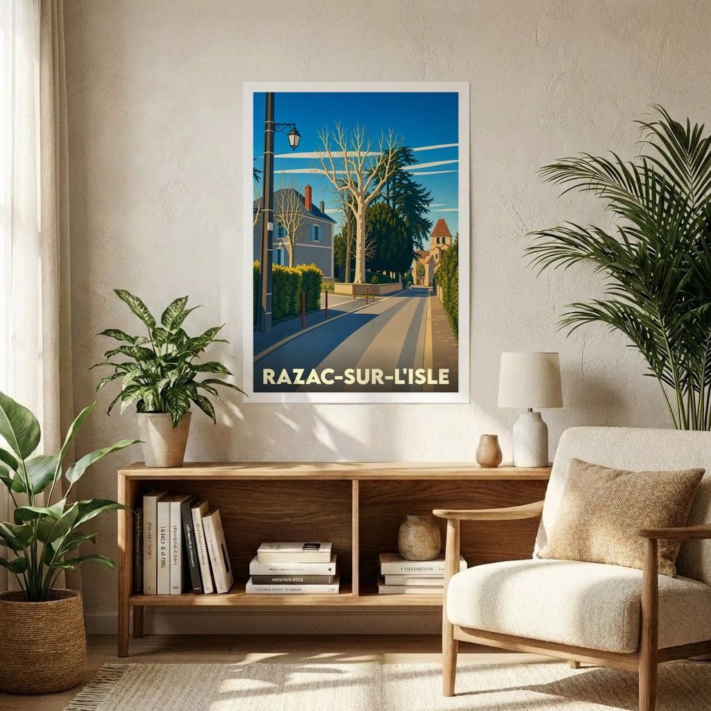 Affiche souvenir de la ville de Razac-sur-l'Isle avec une illustration stylisée d'une rue ensoleillée.