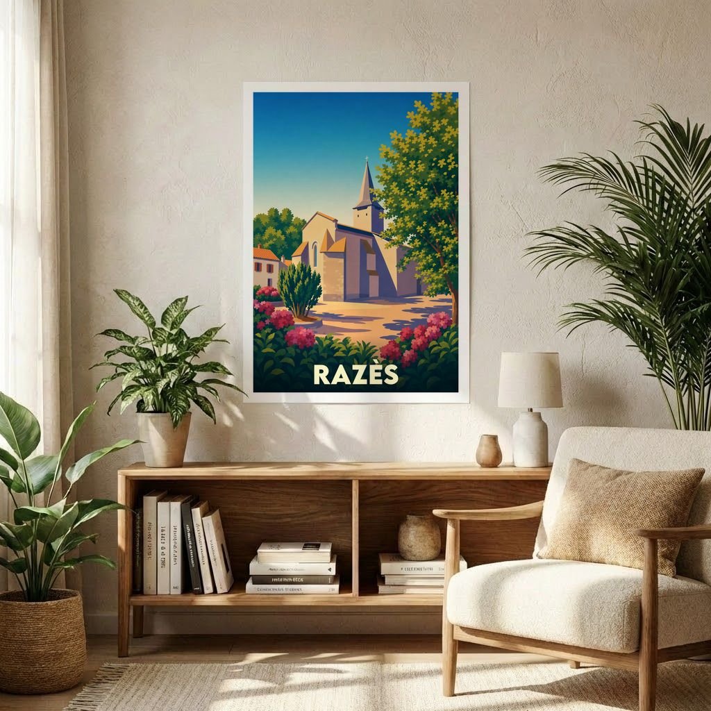 Affiche souvenir de la ville de Razès avec une illustration stylisée de son église et de sa végétation.