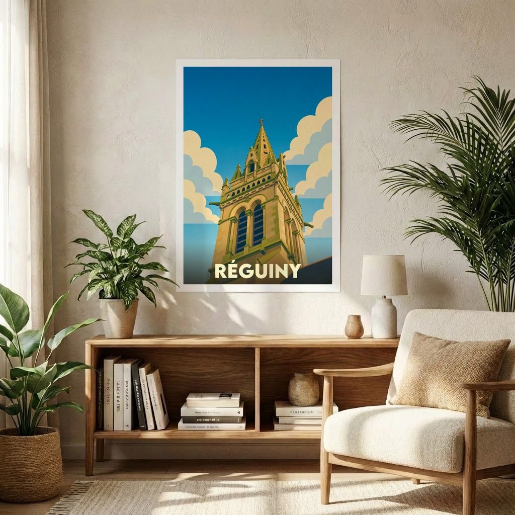 Affiche souvenir de la ville de Réguiny présentant une illustration stylisée de son église sous un ciel azuré.