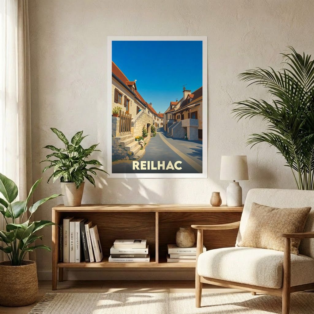 Affiche souvenir de la ville de Reilhac illustrant une ruelle pittoresque sous un ciel bleu azur.