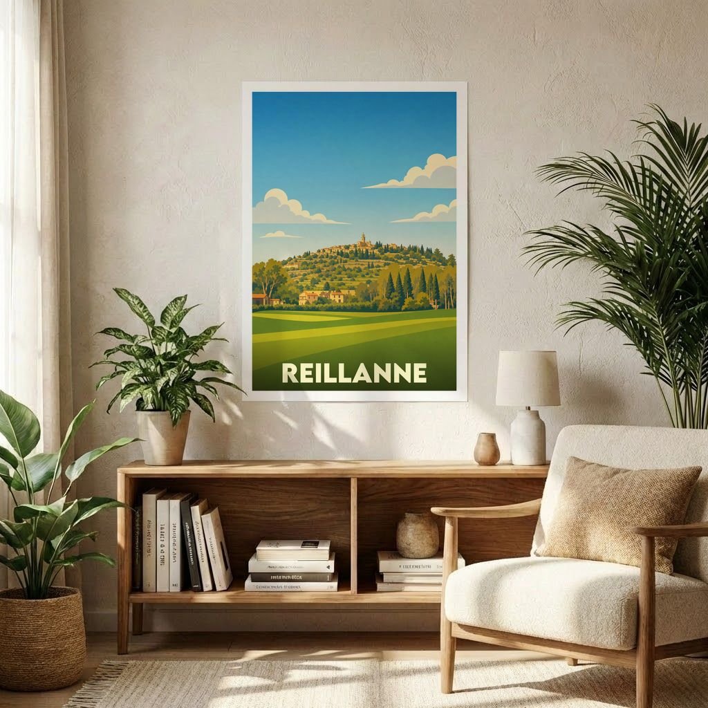 Affiche souvenir de la ville de Reillanne avec une illustration stylisée de son paysage vallonné.