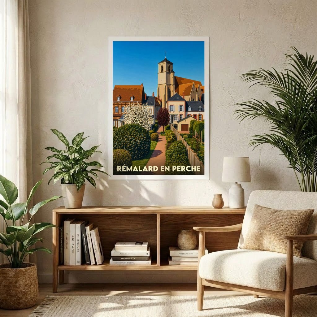 Affiche souvenir de la ville de Rémalard en Perche avec une illustration stylisée d'un paysage urbain et de son église.