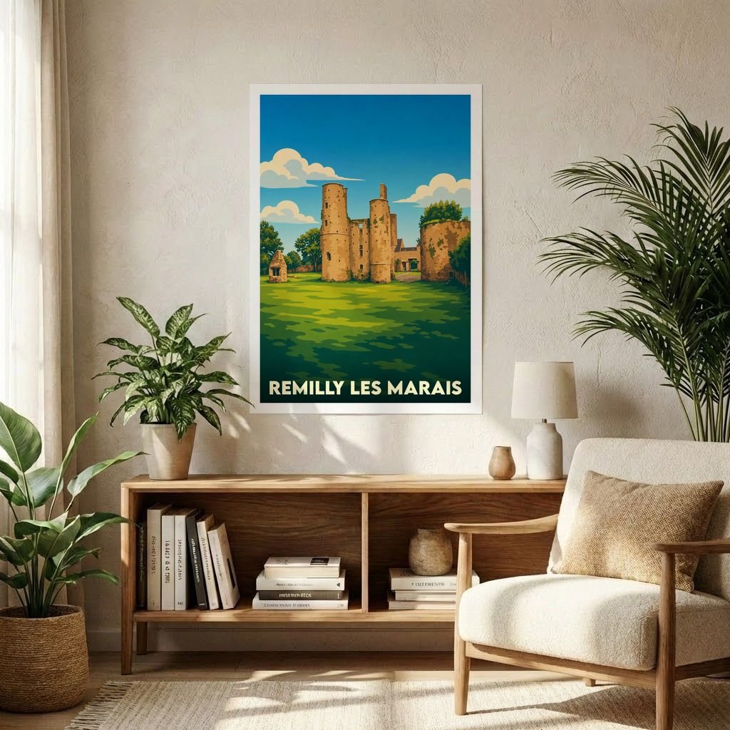 Affiche souvenir de la ville de Remilly Les Marais avec une illustration stylisée des ruines du château de Remilly-sur-Lozon.