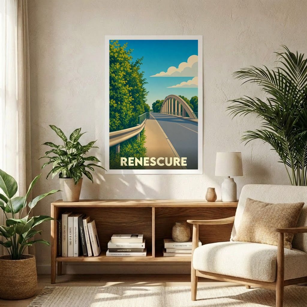 Affiche souvenir grand format de la ville de Renescure avec une illustration stylisée de son pont.