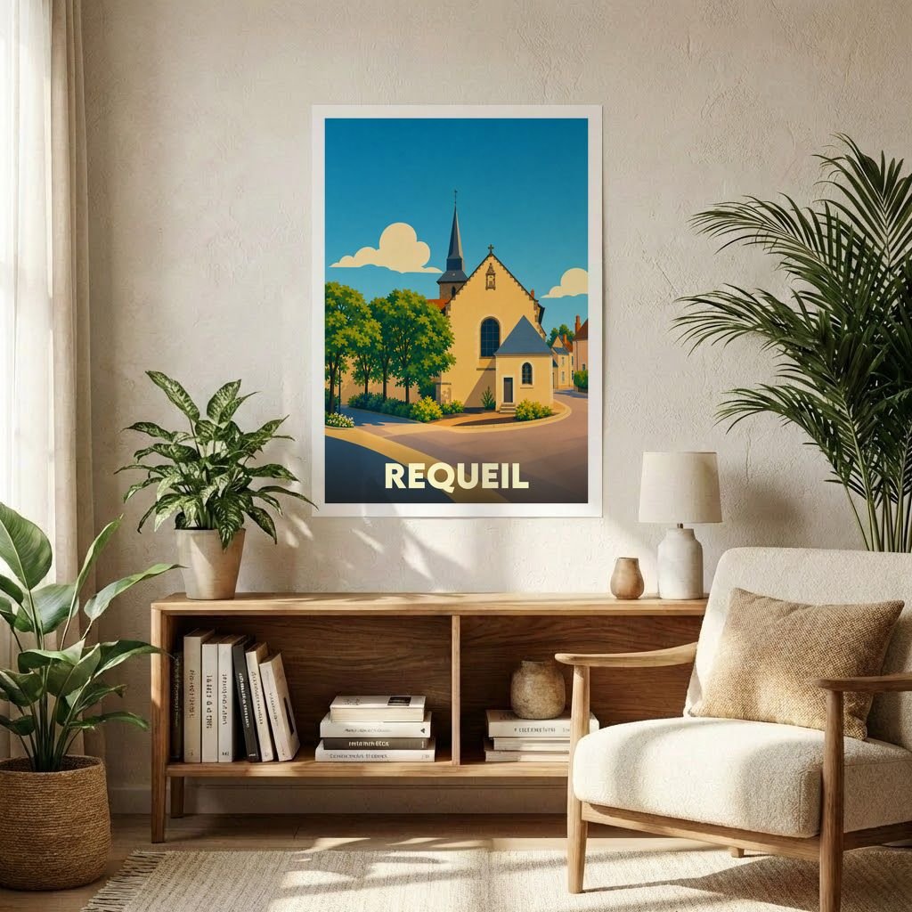 Affiche souvenir de la ville de Requeil avec une illustration stylisée d'une église sous un ciel bleu.