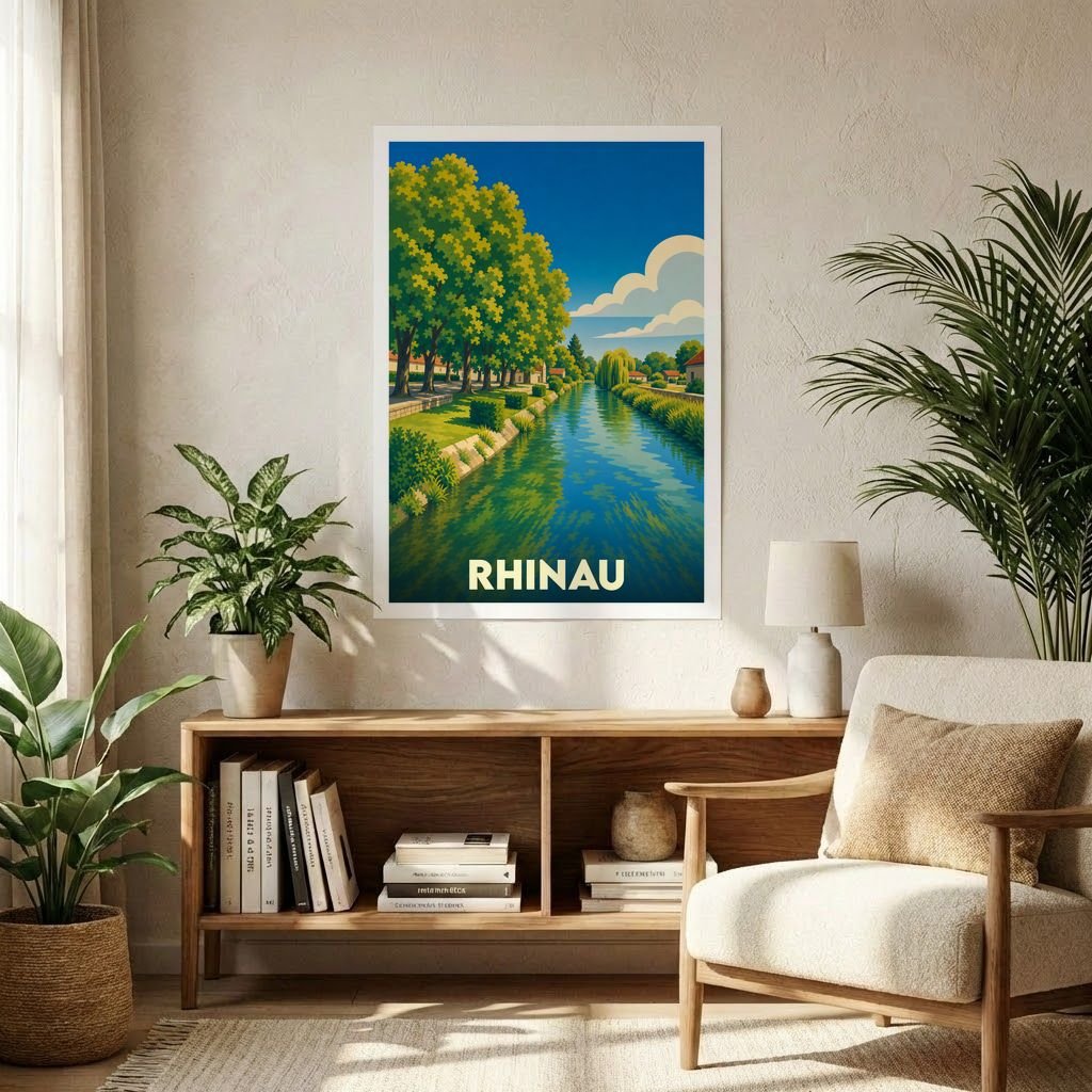 Affiche souvenir de la ville de Rhinau avec une illustration stylisée d'un canal bordé de verdure.
