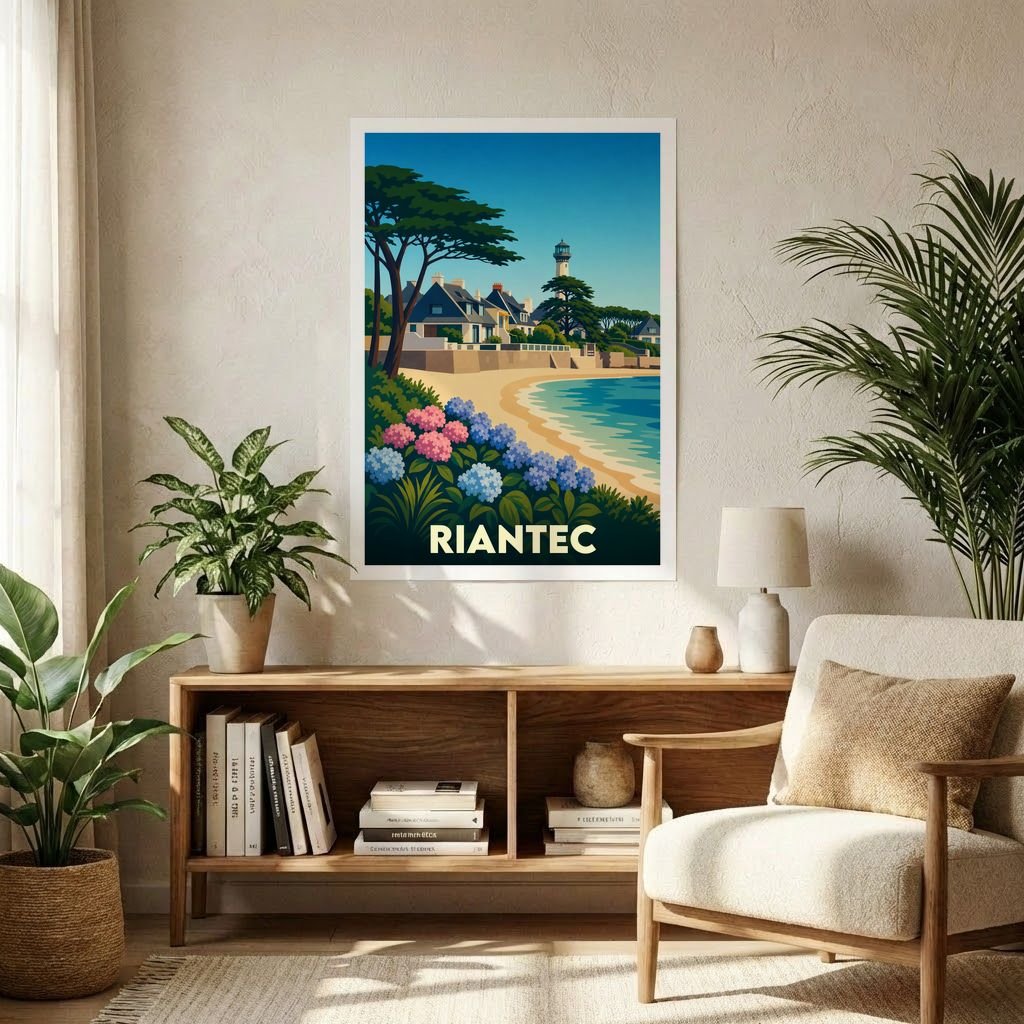 Affiche souvenir de la ville de Riantec avec une illustration stylisée d'un paysage côtier.