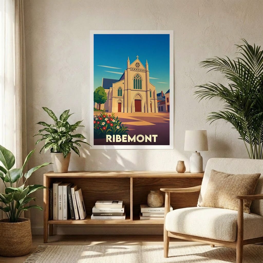 Affiche souvenir de la ville de Ribemont avec une illustration stylisée de son église sous un ciel bleu.