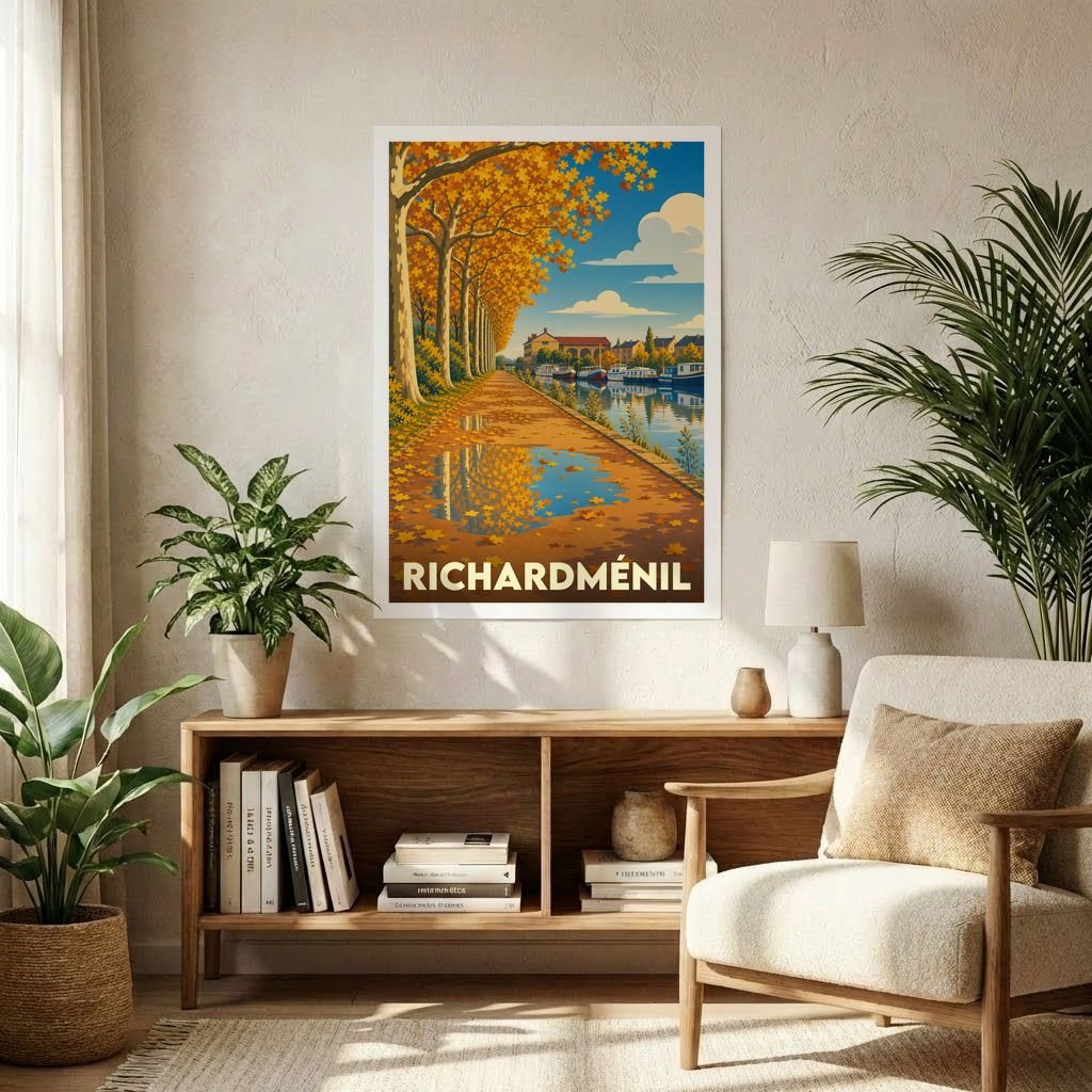 Affiche souvenir de la ville de Richardménil représentant une allée d'arbres en automne au bord d'un canal.