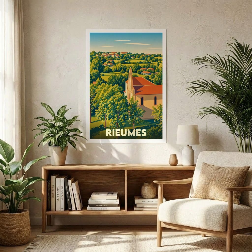 Affiche souvenir de la ville de Rieumes avec une illustration stylisée et colorée.