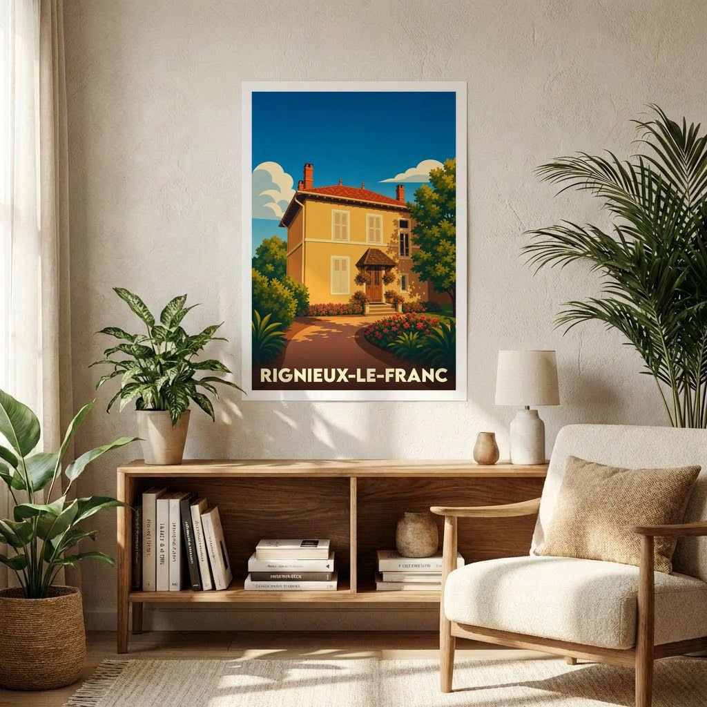 Affiche souvenir de la ville de Rignieux-le-Franc avec une illustration stylisée d'une maison ensoleillée.