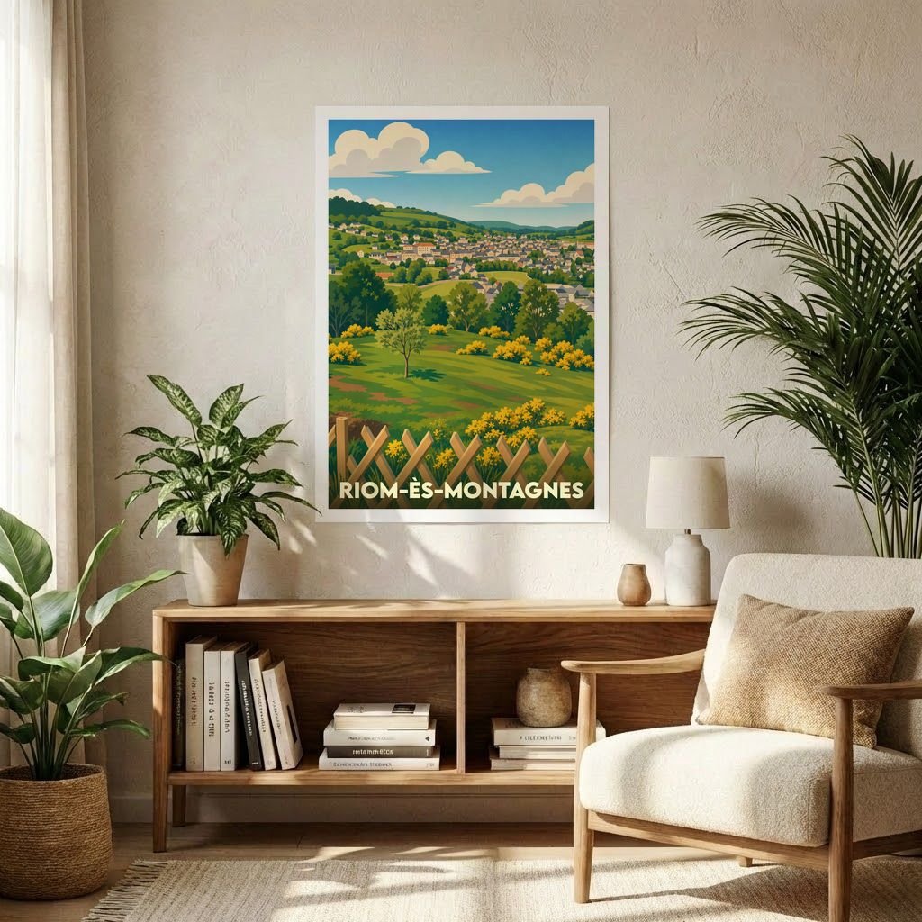 Affiche souvenir de la ville de Riom-ès-Montagnes avec une illustration stylisée de paysages vallonnés.