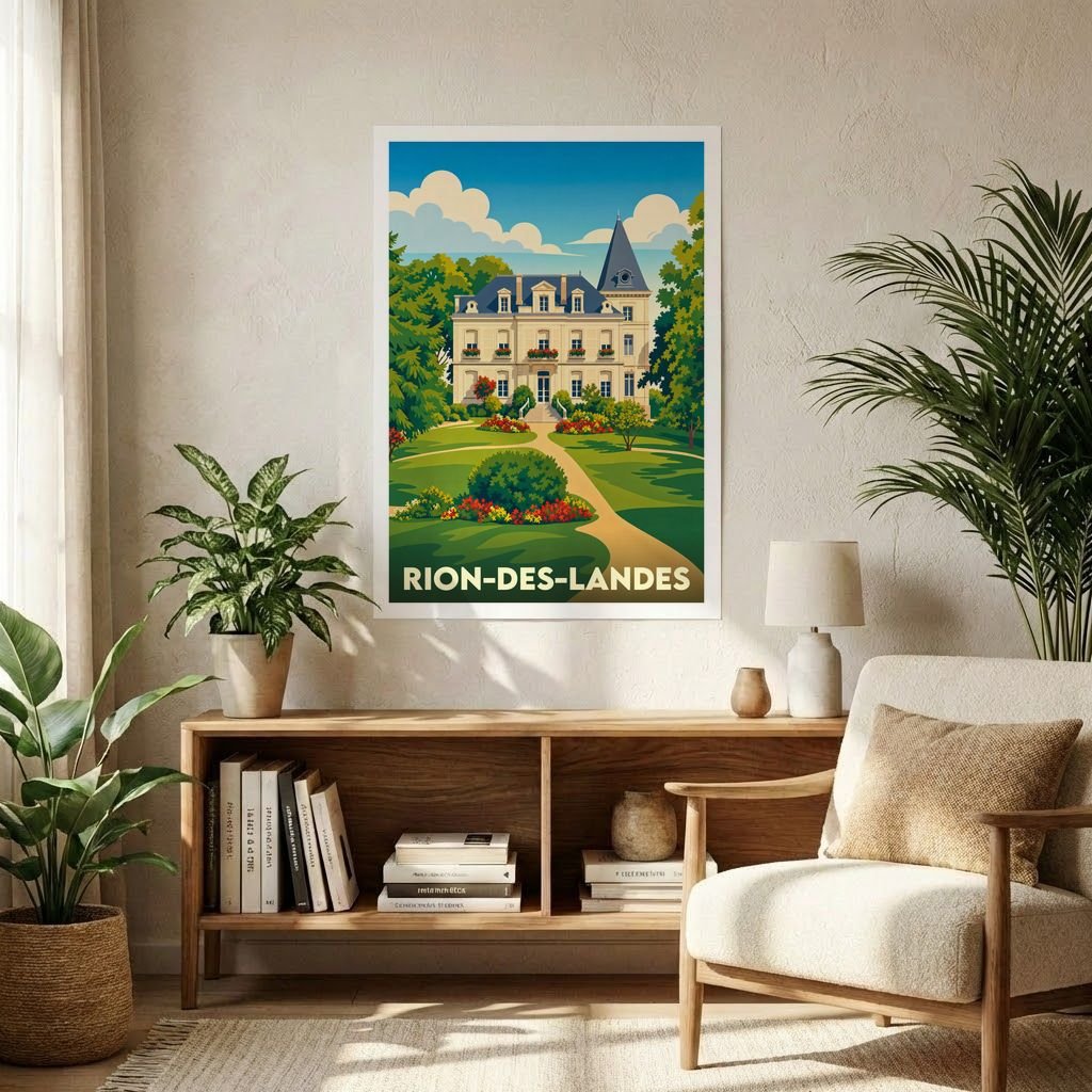 Affiche souvenir de la ville de Rion-des-Landes avec une illustration stylisée d'un château entouré de jardins.