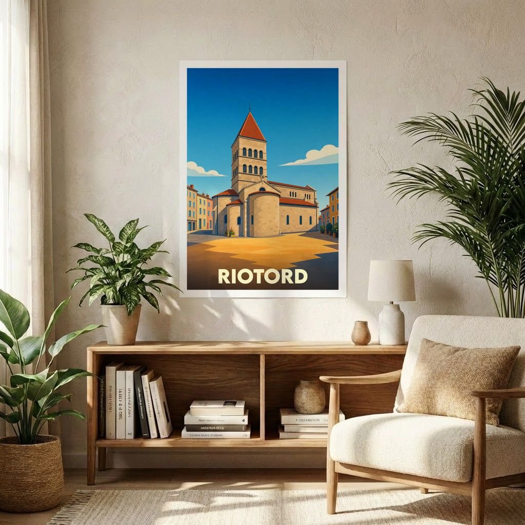 Affiche souvenir de la ville de Riotord avec une illustration stylisée de son église romane.