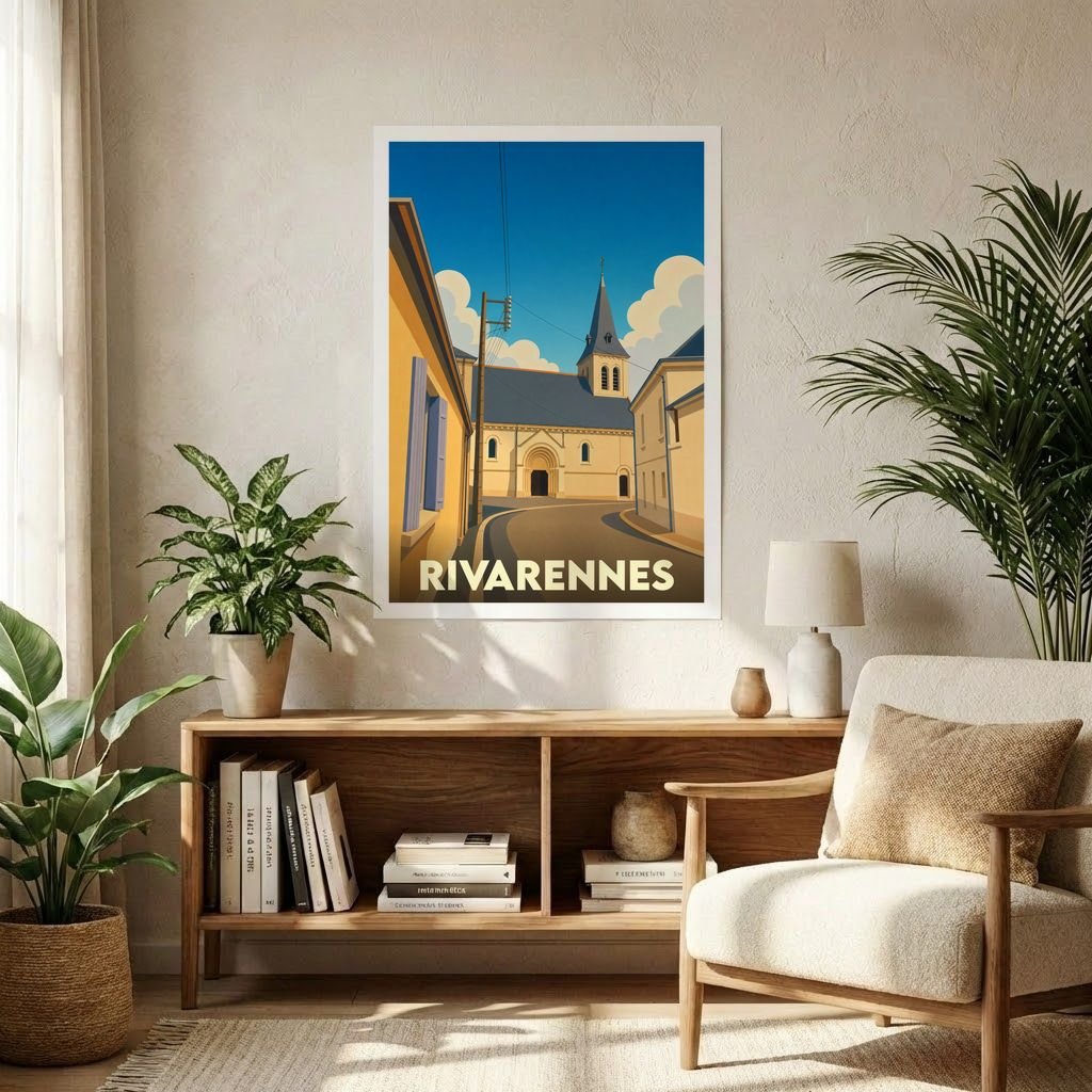 Affiche souvenir de la ville de Rivarennes avec une illustration stylisée d'une église et de bâtiments locaux.