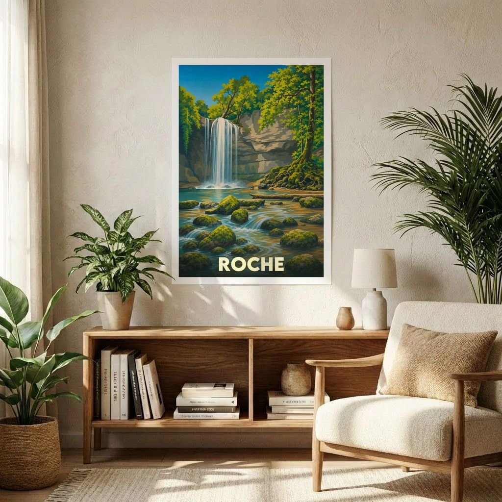 Affiche souvenir de la ville de Roche avec une illustration stylisée d'une cascade en forêt.