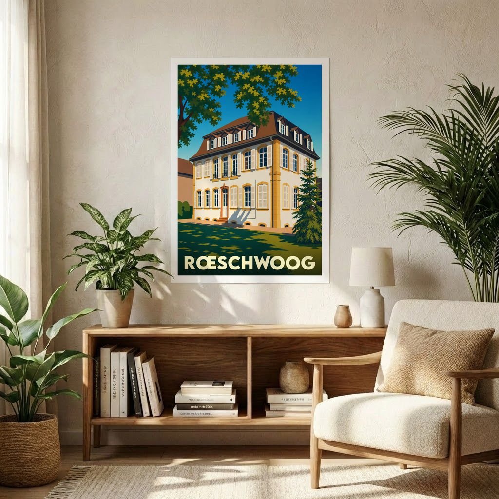 Affiche souvenir de la ville de Rœschwoog avec une illustration stylisée d'un bâtiment historique.