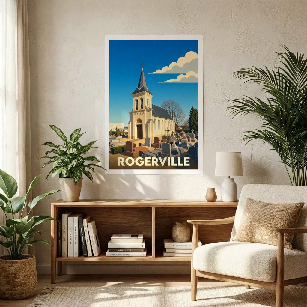 Affiche souvenir de la ville de Rogerville avec une illustration stylisée de son église et de son cimetière.