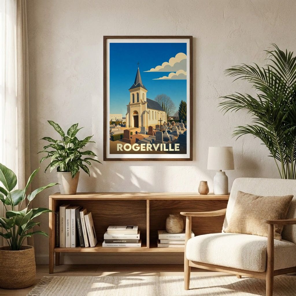 Affiche souvenir de la ville de Rogerville avec une illustration stylisée d'une église et d'un cimetière.