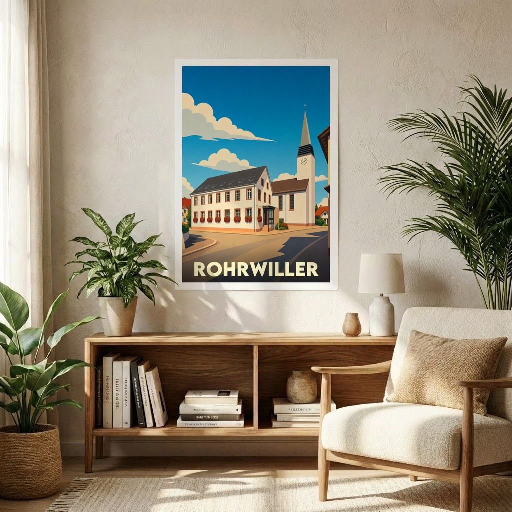 Affiche souvenir de la ville de Rohrwiller avec une illustration stylisée de son architecture locale.