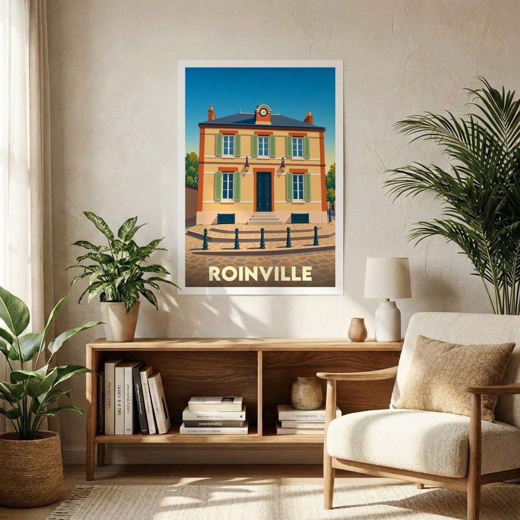 Affiche souvenir de la ville de Roinville avec une illustration stylisée de son hôtel de ville.