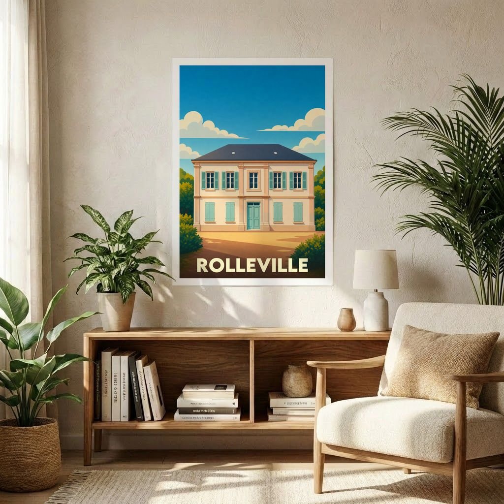 Affiche souvenir de la ville de Rolleville avec une illustration stylisée d'une demeure classique.