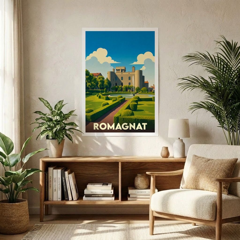 Affiche souvenir de la ville de Romagnat illustrant son château et ses jardins dans un style rétro.