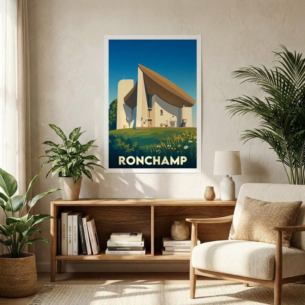 Affiche souvenir de la ville de Ronchamp avec une illustration stylisée de sa célèbre chapelle.