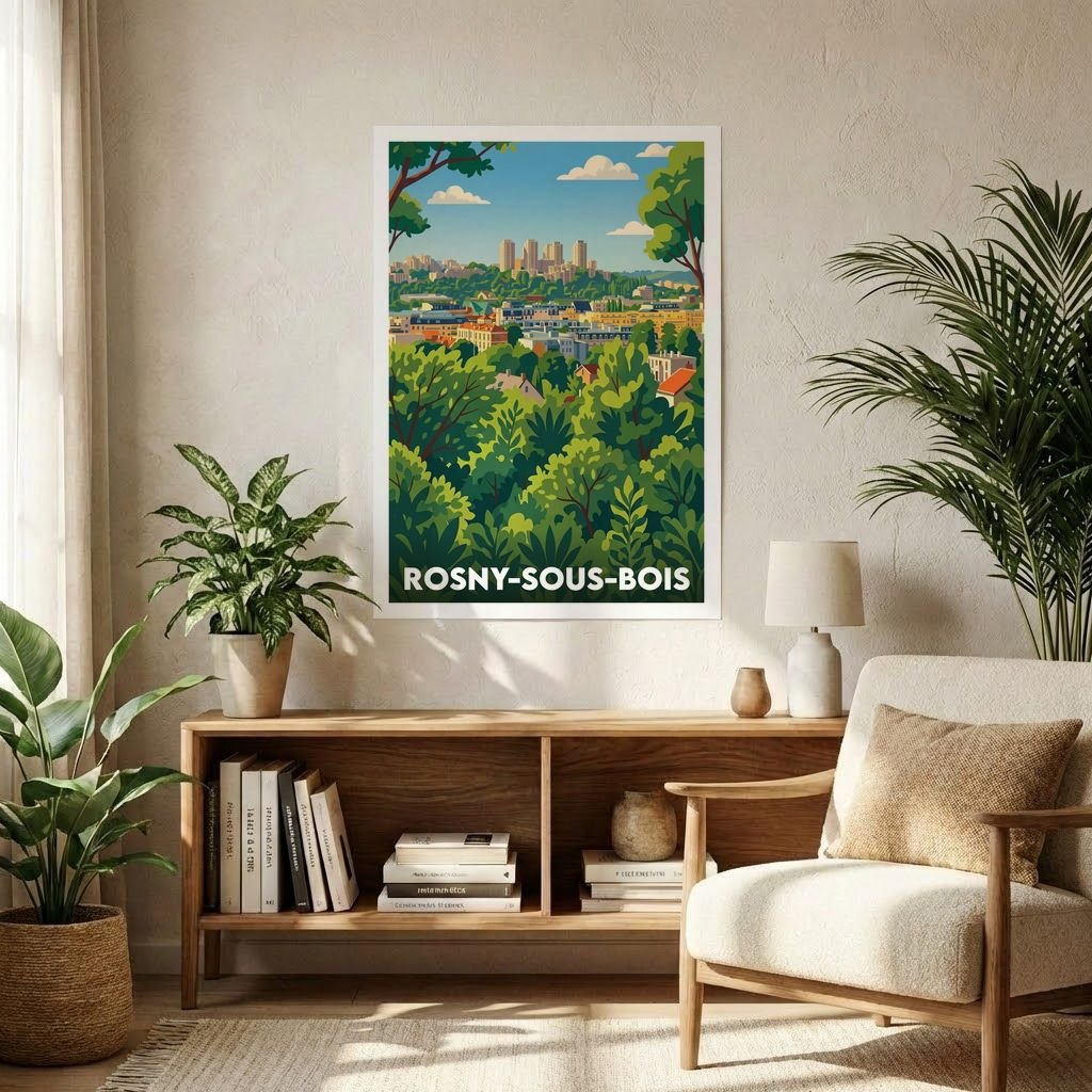 Affiche souvenir de la ville de Rosny-sous-Bois avec une illustration panoramique stylisée.
