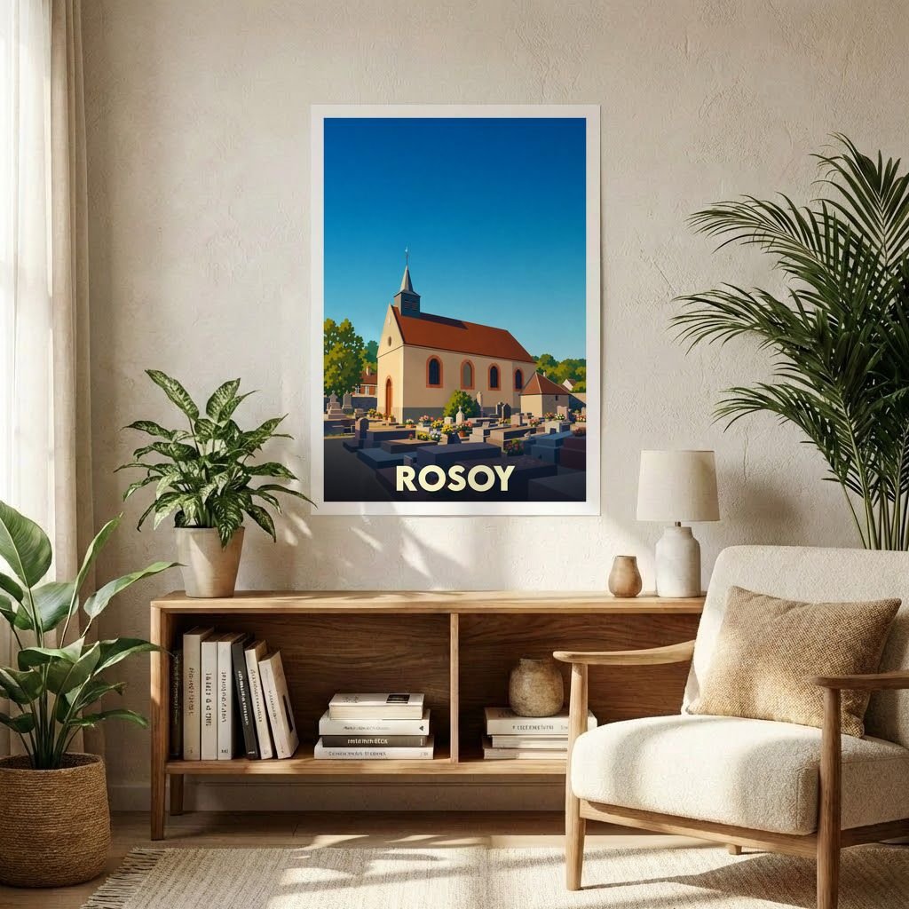 Affiche souvenir de la ville de Rosoy avec une illustration stylisée d'une église et son cimetière sous un ciel bleu.
